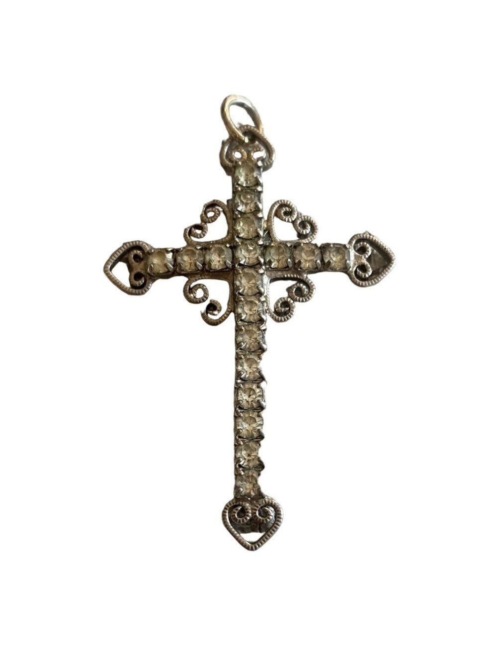 Silver Cross Pendant with Heart Accents & Sparkling Details